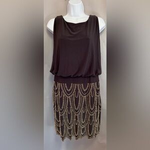 Cache Dress Womens Sz 4 Brown Gold Beaded‎ Sleeveless Stretchy Evening Cocktail